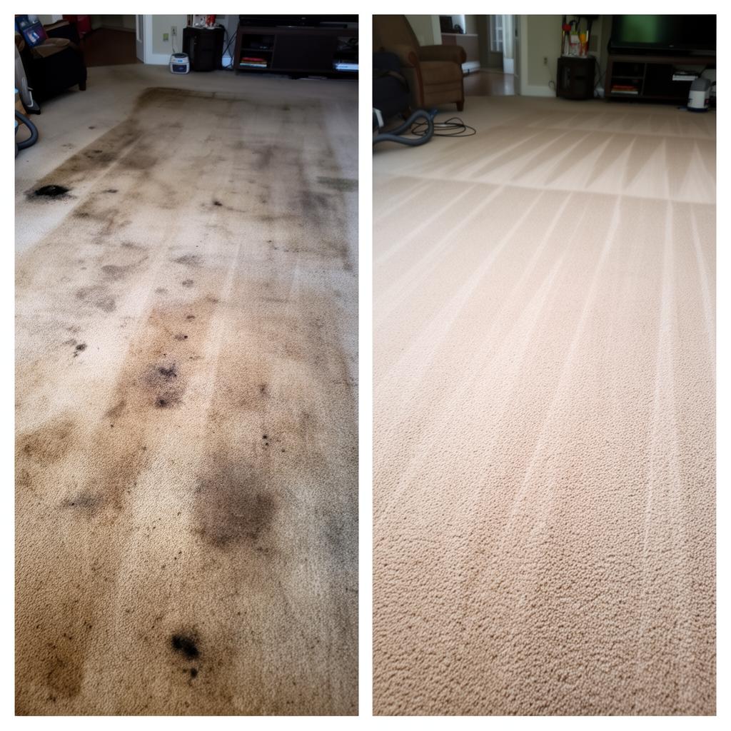 Before and after of a Dallas family room carpet showing heavy stains and traffic lanes removed and restored to a plush uniform beige by Next Level Floor Care.