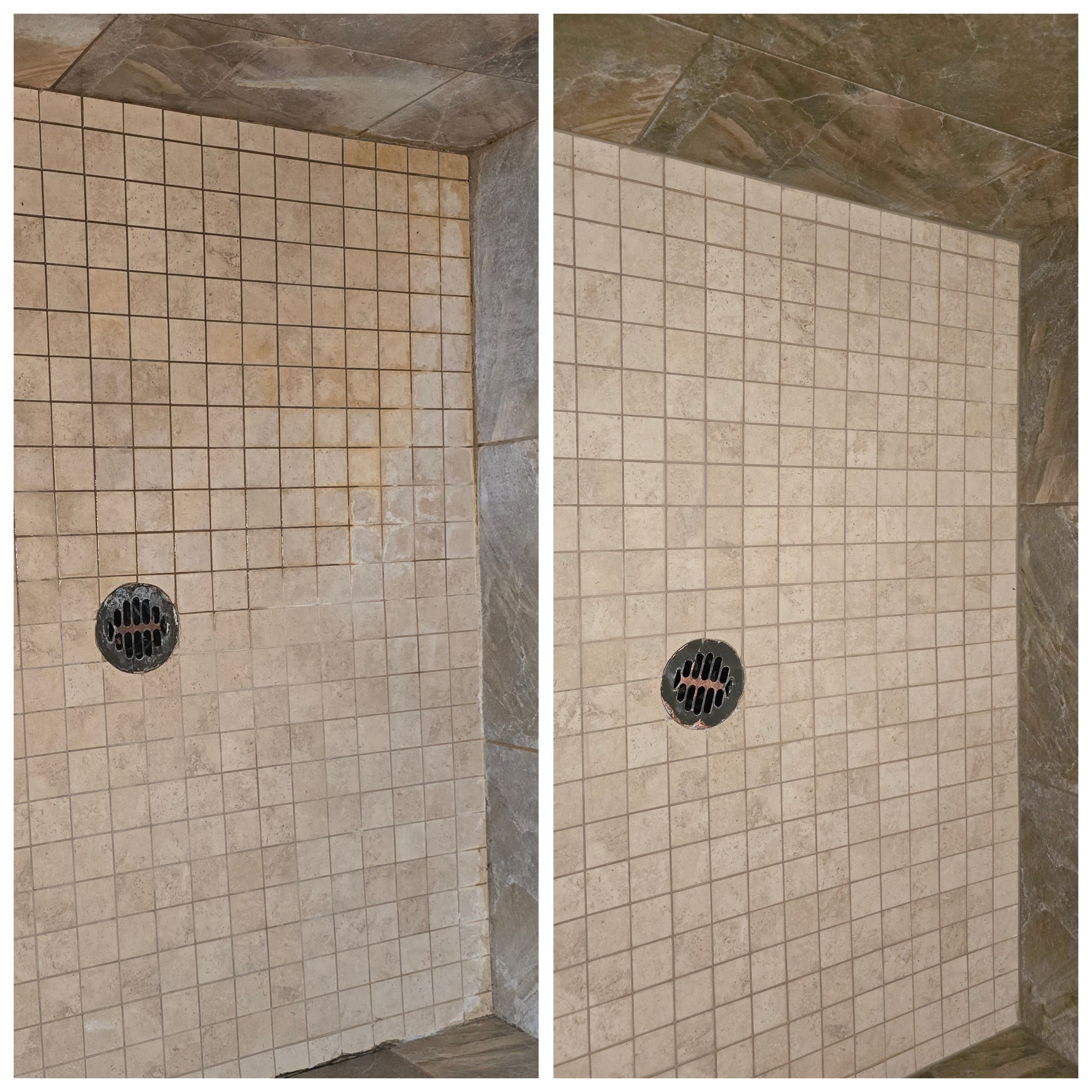 Before and after of a Dallas shower stall restoration showing hard water and soap scum removed from travertine tile and grout by Next Level Floor Care.