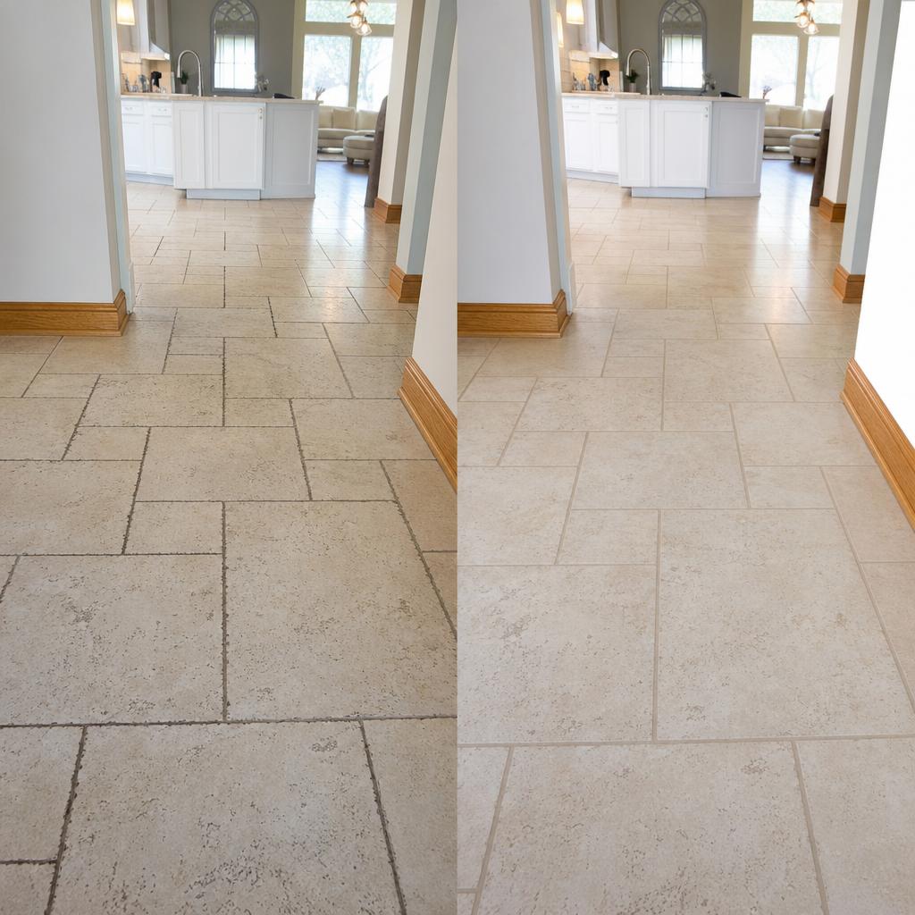 Before and after of a Dallas kitchen tile floor showing dark stained grout lines deep cleaned and sealed bright white by Next Level Floor Care.
